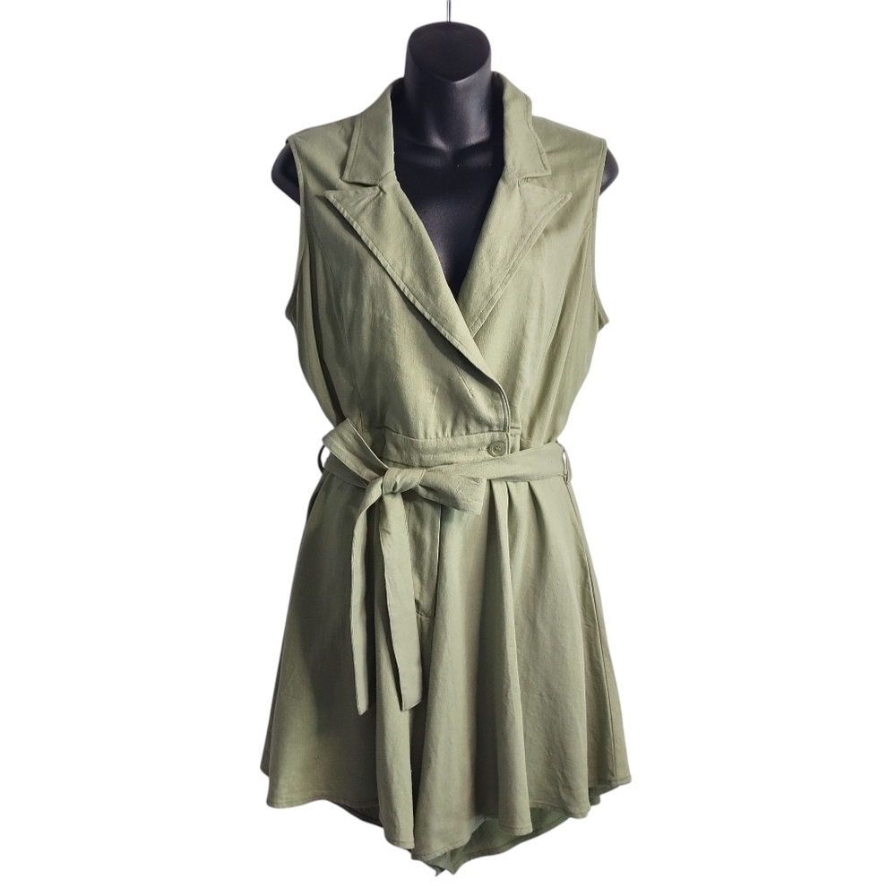 Francesca's Jumpsuit Romper Womens Green Sleeveless Collar V-Neck Linen Sz L NWT - Picture 2 of 9